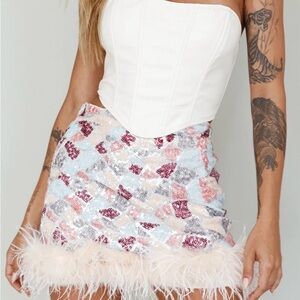 Colorful Sequin Patchwork Skirt with Feather Trim